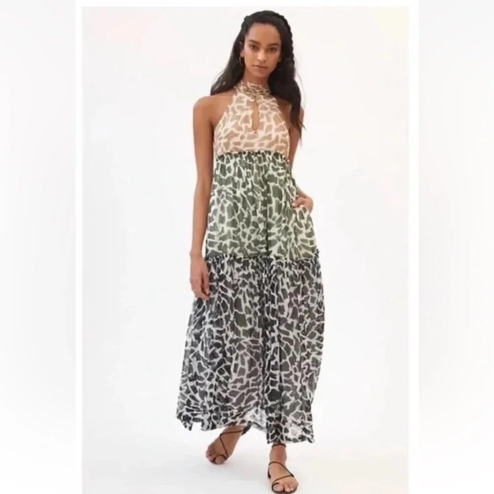 Anthropologie Maeve Keyhole Halter Animal Print Maxi Dress Tiered Size XS NWT